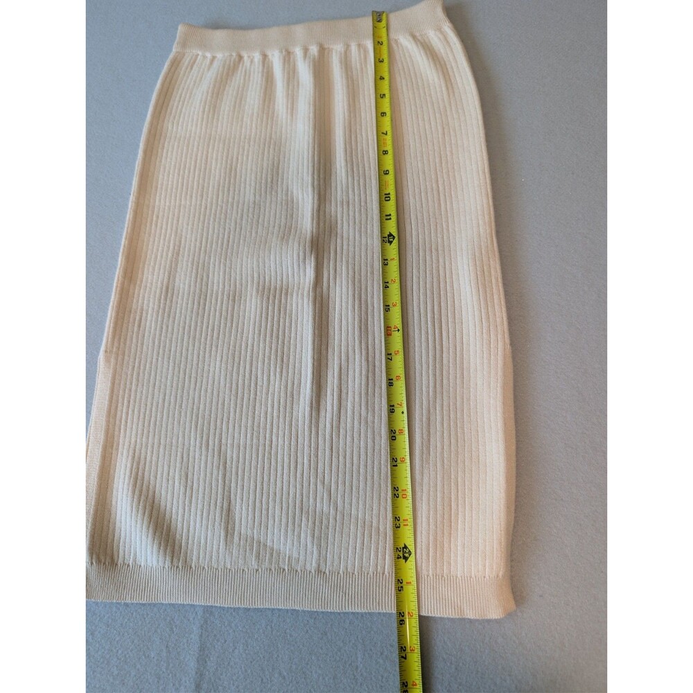 Cream Sweater Skirt Set Knit Two Piece Puff Sleeve Ribbed Midi Quiet Luxury - Picture 3 of 11